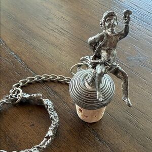 Vintage Pewter Wine Bottle Stopper Cork w/Chain Greek God of Wine Bacchus